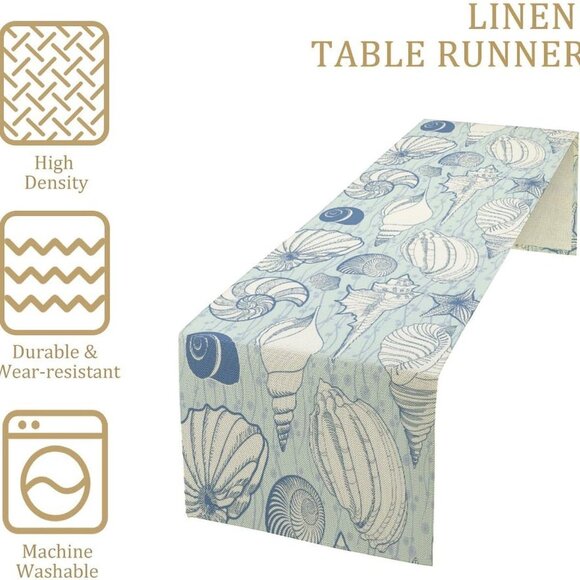 Vintage Look Seashells Table Runner - Blue Coastal Sealife Theme - Costal Decor - Picture 2 of 5
